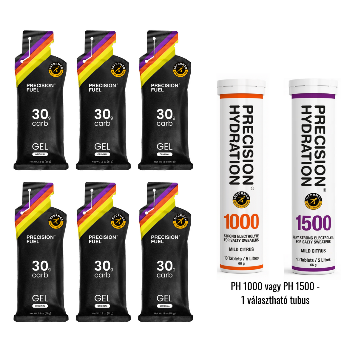 PF&H edzéscsomag: 6 PF30 Gel és 1 választható PH1000 vagy PH1500 tubus, fehér háttéren.